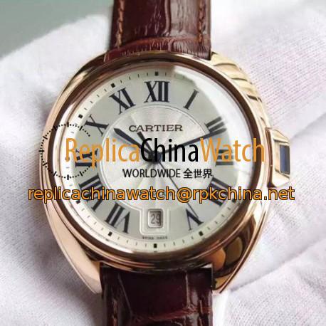 Replica Cle De Cartier 40 MM Rose Gold Silver Dial M9015