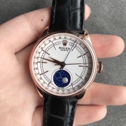 Replica Rolex Cellini Moonphase 50535 RXW Rose Gold White Dial Swiss 2824