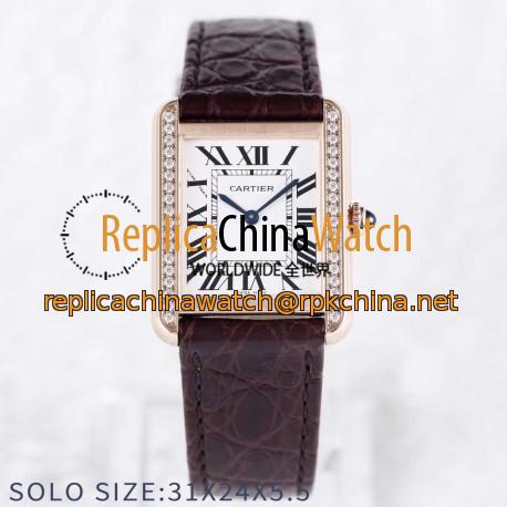 Replica Cartier Tank Solo Ladies 31MM AF Rose Gold & Diamonds White Dial Swiss Ronda Quartz