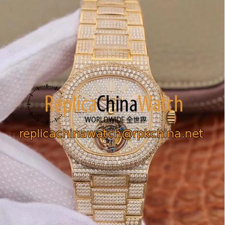 Replica Patek Philippe Nautilus Jumbo 5711 R8 Yellow Gold & Diamonds Diamond Dial Swiss Tourbillon