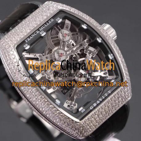 Replica Franck Muller Vanguard Gravity Skeleton V 45 T GRAVITY CS SQT Noob Stainless Steel & Diamonds Skeleton Dial M9015