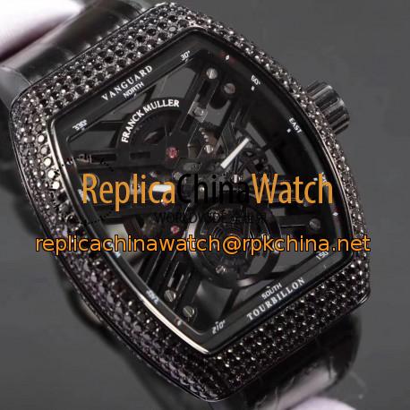 Replica Franck Muller Vanguard Skeleton V 45 T SQT Noob Ceramic & Diamonds Skeleton Dial M9015