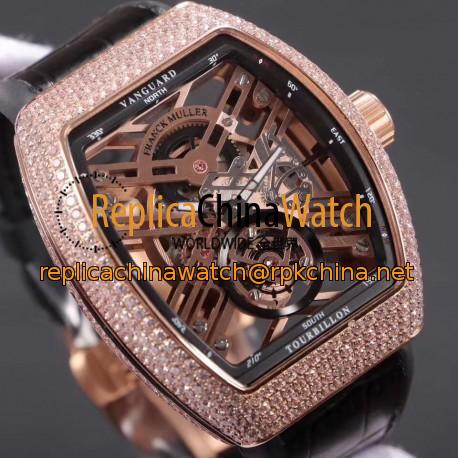 Replica Franck Muller Vanguard Skeleton V 45 T SQT Noob Rose Gold & Diamonds Rose Gold Skeleton Dial M9015