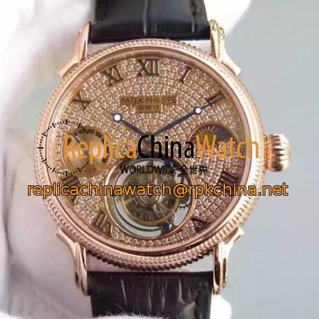 Replica Patek Philippe Tourbillon Moonphase Power Reserve Rose Gold Diamonds Dial Swiss Tourbillon