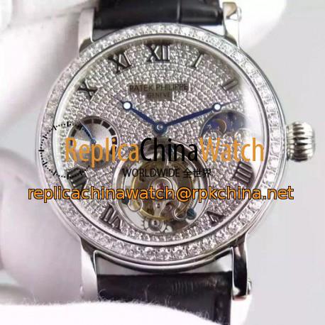 Replica Patek Philippe Tourbillon Moonphase Power Reserve Stainless Steel Diamonds Bezel Swiss Tourbillon