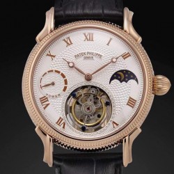 Replica Patek Philippe Tourbillon Moonphase Power Reserve Rose Gold White Dial Swiss Tourbillon