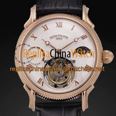 Replica Patek Philippe Tourbillon Moonphase Power Reserve Rose Gold White Dial Swiss Tourbillon