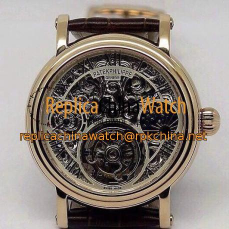 Replica Patek Philippe Tourbillon Moonphase Power Reserve Rose Gold Skeleton Dial Swiss Tourbillon