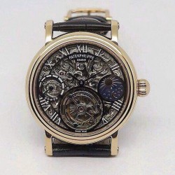 Replica Patek Philippe Tourbillon Moonphase Power Reserve Rose Gold Skeleton & Black Dial Swiss Tourbillon