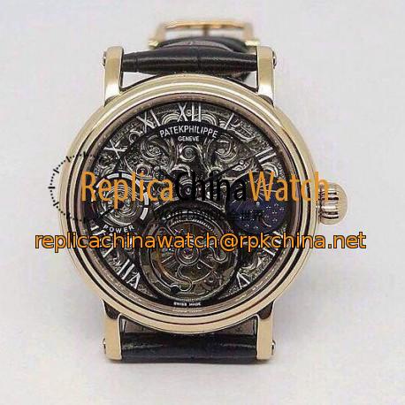 Replica Patek Philippe Tourbillon Moonphase Power Reserve Rose Gold Skeleton & Black Dial Swiss Tourbillon