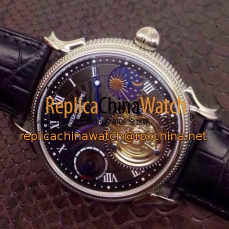 Replica Patek Philippe Tourbillon Moonphase Power Reserve Stainless Steel Black Dial Swiss Tourbillon