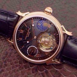 Replica Patek Philippe Tourbillon Moonphase Power Reserve Rose Gold Black Dial Swiss Tourbillon