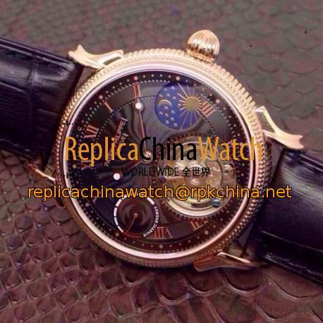 Replica Patek Philippe Tourbillon Moonphase Power Reserve Rose Gold Black Dial Swiss Tourbillon