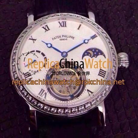 Replica Patek Philippe Tourbillon Moonphase Power Reserve Stainless Steel Diamonds Bezel Swiss Tourbillon