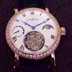 Replica Patek Philippe Tourbillon Moonphase Power Reserve Rose Gold Diamonds Bezel Swiss Tourbillon