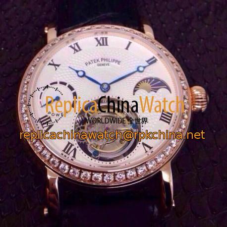 Replica Patek Philippe Tourbillon Moonphase Power Reserve Rose Gold Diamonds Bezel Swiss Tourbillon