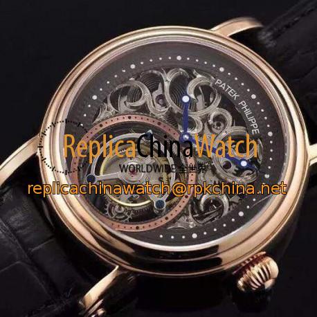 Replica Patek Philippe Tourbillon Rose Gold Skeleton & Black Dial Swiss Tourbillon