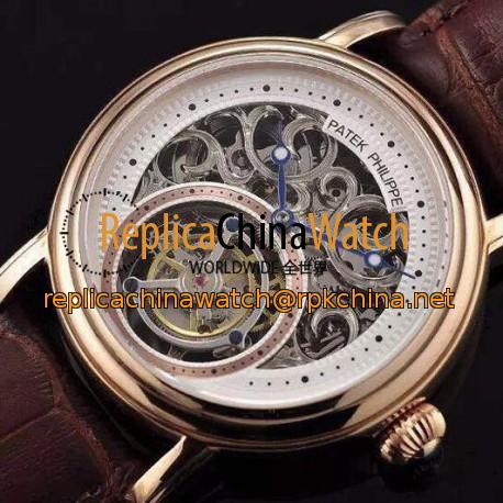 Replica Patek Philippe Tourbillon Rose Gold Skeleton & White Dial Swiss Tourbillon