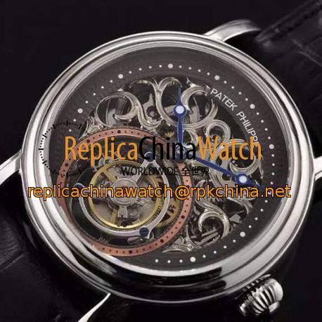 Replica Patek Philippe Tourbillon Rose Gold Stainless Steel Skeleton & Black Dial Swiss Tourbillon