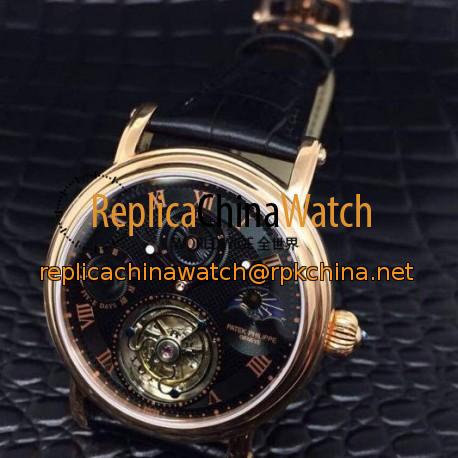 Replica Patek Philippe Tourbillon Moonphase 24H Power Reserve Rose Gold Black Dial Swiss Tourbillon