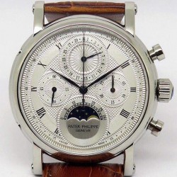 Replica Patek Philippe Moonphase Chronograph Stainless Steel White Dial Lemania