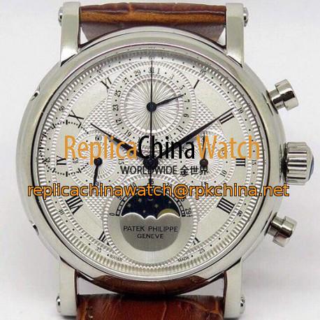 Replica Patek Philippe Moonphase Chronograph Stainless Steel White Dial Lemania