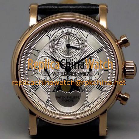 Replica Patek Philippe Moonphase Chronograph Rose Gold  White Dial Lemania