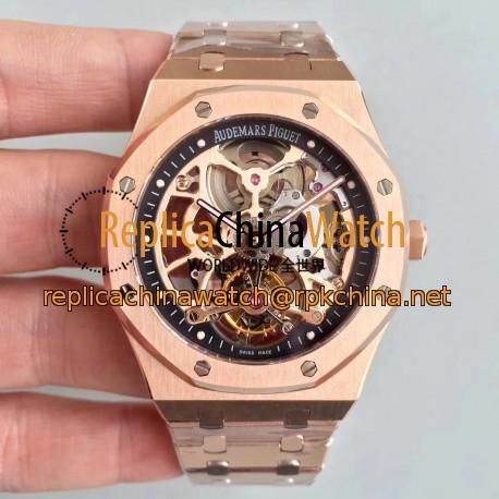 Replica Audemars Piguet Royal Oak Tourbillon Extra-Plate Squelette 26518 JF Rose Gold Black Skeleton Dial Swiss 2924