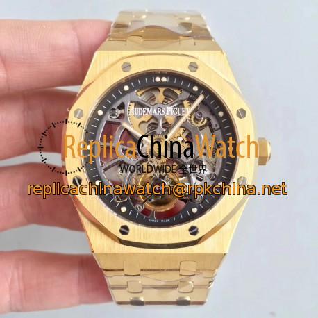 Replica Audemars Piguet Royal Oak Tourbillon Extra-Plate Squelette 26518 JF Yellow Gold Black Skeleton Dial Swiss 2924