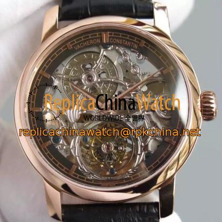 Replica Vacheron Constantin Patrimony Tourbillon Rose Gold Skeleton & Black Dial Swiss Tourbillon