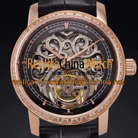 Replica Vacheron Constantin Patrimony Tourbillon Rose Gold & Diamonds Skeleton & Black Dial Swiss Tourbillon