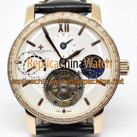 Replica Vacheron Constantin Patrimony Tourbillon Rose Gold & Diamonds White Dial Swiss Tourbillon