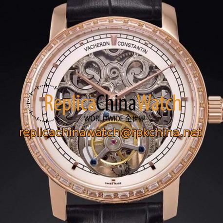 Replica Vacheron Constantin Patrimony Tourbillon Rose Gold & Diamonds Skeleton & White Dial Swiss Tourbillon