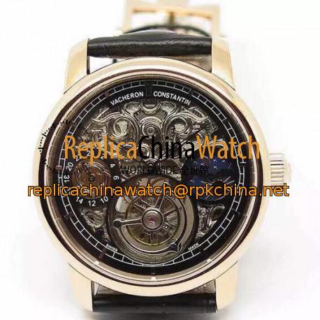 Replica Vacheron Constantin Patrimony Tourbillon Rose Gold Skeleton & Black Dial Swiss Tourbillon