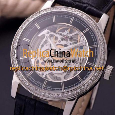 Replica Vacheron Constantin Patrimony Stainless Steel & Diamonds Skeleton & Black Dial Swiss 2824