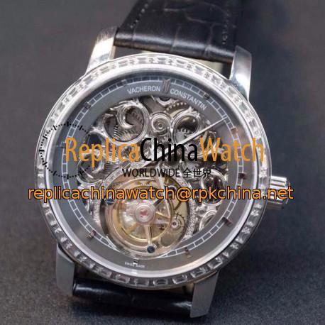 Replica Vacheron Constantin Patrimony Tourbillon Stainless Steel & Diamonds Skeleton & Gray Dial Swiss Tourbillon