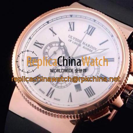 Replica Ulysse Nardin Marine Chronograph Rose Gold Roman Numbers White Dial Swiss 7750