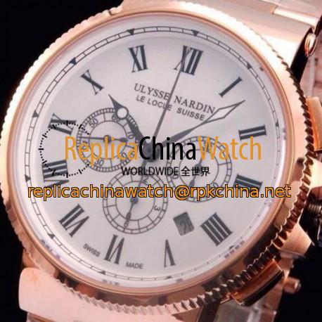 Replica Ulysse Nardin Marine Chronograph Rose Gold Roman Numbers White Dial Swiss 7750