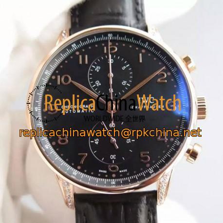 Replica IWC Portuguese Chronograph Rose Gold & Diamonds Black Dial Swiss 7750