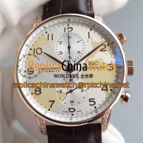 Replica IWC Portuguese Chronograph Rose Gold & Diamonds White Map Dial Swiss 7750