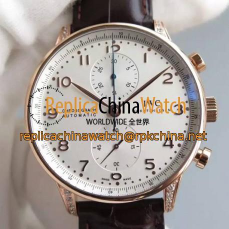 Replica IWC Portuguese Chronograph Rose Gold & Diamonds White Dial Swiss 7750