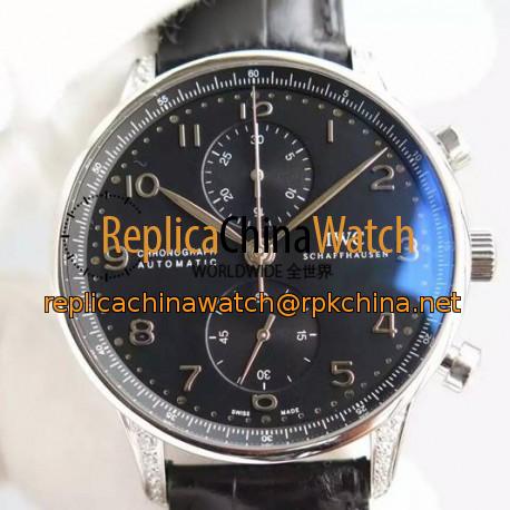 Replica IWC Portuguese Chronograph Stainless Steel & Diamonds Black Dial Swiss 7750