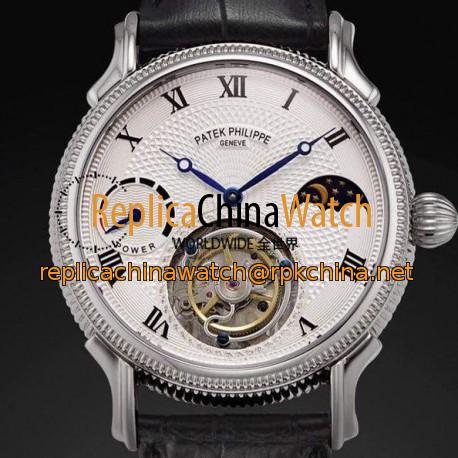 Replica Patek Philippe Tourbillon Moonphase Power Reserve Stainless Steel White Dial Swiss Tourbillon