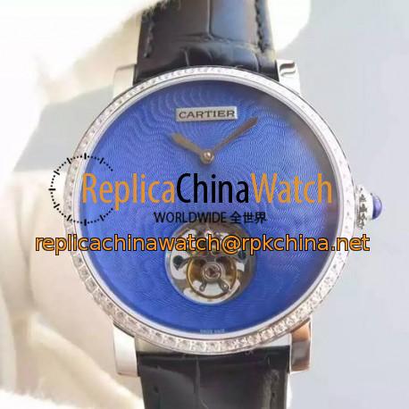 Replica Cartier Rotonde Tourbillon Stainless Steel & Diamonds Blue Dial Swiss Tourbillon