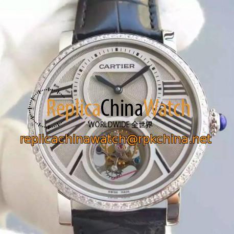 Replica Cartier Rotonde Tourbillon Stainless Steel & Diamonds White Dial Swiss Tourbillon