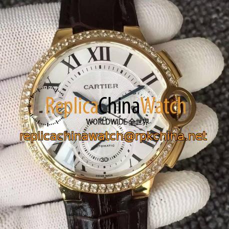 Replica Cartier Ballon Bleu Chronograph Yellow Gold & Diamonds White Dial Swiss 7750