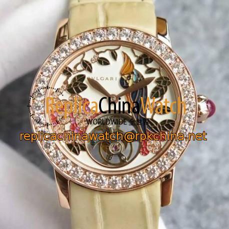 Replica Bvlgari Il Giardino Tropicale Rose Gold & Diamonds Parrot Dial Cream Leather Strap Swiss Tourbillon