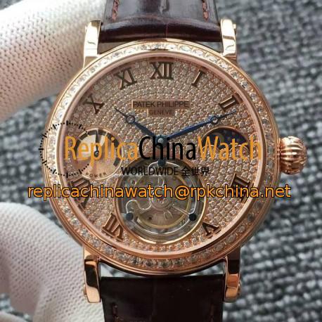 Replica Patek Philippe Tourbillon Moonphase Power Reserve Rose Gold Diamonds Dial Swiss Tourbillon