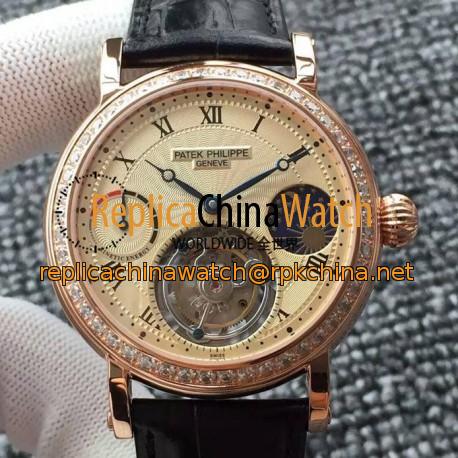 Replica Patek Philippe Tourbillon Moonphase Power Reserve Rose Gold & Diamonds Gold Dial Swiss Tourbillon