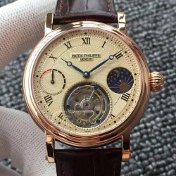 Replica Patek Philippe Tourbillon Moonphase Power Reserve Rose Gold Gold Dial Swiss Tourbillon